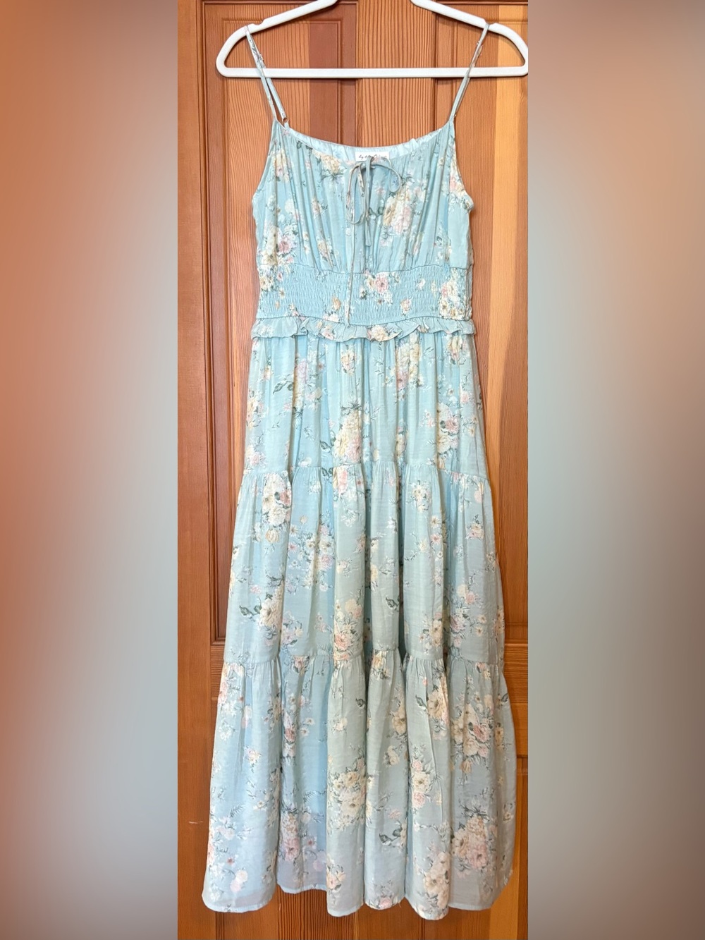 By the River Floral Smocked Tiered Midi Sundress w Vintage Cream & Pink Floral - Picture 10 of 16